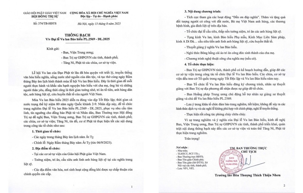 Thông bạch Đại lễ Vu lan Báo hiếu PL.2569 - DL.2025