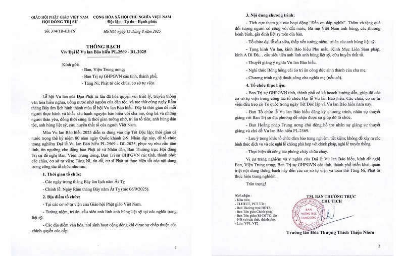 Thông bạch Đại lễ Vu lan Báo hiếu PL.2569 - DL.2025