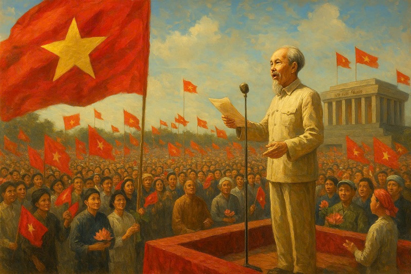 Tái hiện khoảnh khắc lịch sử ngày 02/09/1945. (Hình minh họa tạo bởi AI) Tái hiện khoảnh khắc lịch sử ngày 02/09/1945. (Hình minh họa tạo bởi AI)