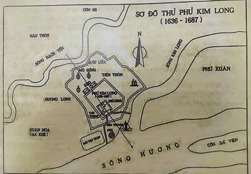 Sơ đồ thủ phủ Kim Long kể từ năm Bính Tý 1636, khi chùa thượng Nguyễn Phúc Lan cho dời vương phủ từ làng Phước yên vào đóng tại đây. Ảnh: Tạp chí Liễu Quán (trang 23) Sơ đồ thủ phủ Kim Long kể từ năm Bính Tý 1636, khi chùa thượng Nguyễn Phúc Lan cho dời vương phủ từ làng Phước yên vào đóng tại đây. Ảnh: Tạp chí Liễu Quán (trang 23)