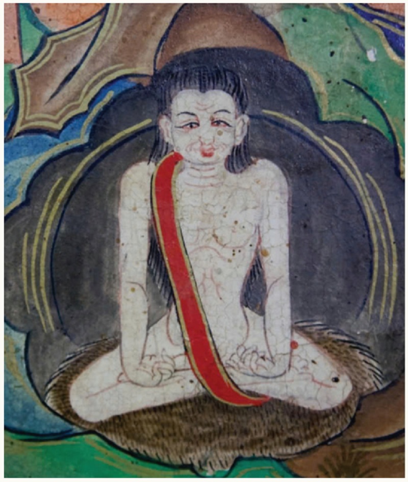 Một hành giả Du già thiền quán về ba kinh mạch trên thân, 
quán tưởng, kiểm soát hơi thở và điều chỉnh các cơ tạo ra 
nhiệt bên trong và lưu chuyển nguồn năng lượng lên phía 
trên qua kinh mạch trung tâm. Bức tranh tường Lukhang, 
Lhasa, Tây Tạng. Ảnh của Ian Baker.