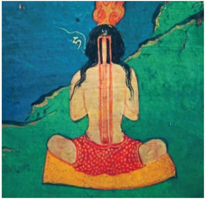 Một người thực hành nội hỏa (tummo) đeo đai thiền 
(gomtrag) trong khi thực hiện các bài tập thở để đưa nguồn 
năng lượng tinh yếu và tâm tỉnh thức vào kinh mạch trung 
tâm. Ogyen Choling Manor, Bumthang, Bhutan. Ảnh của Ian 
Baker.