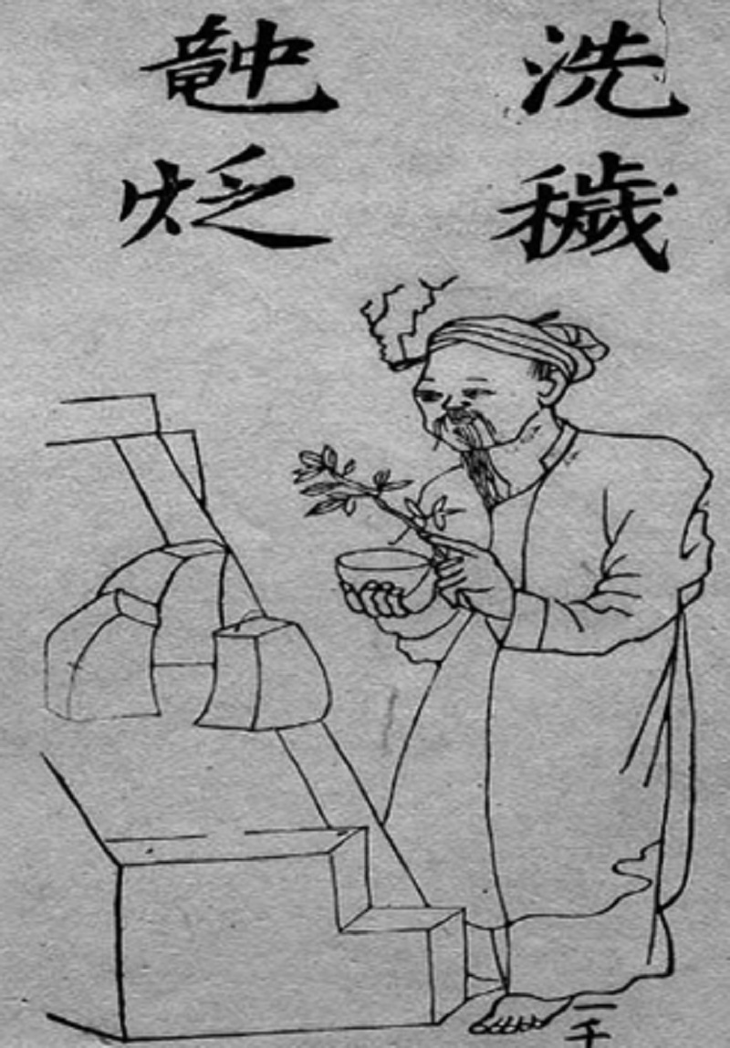 Tẩy uế trong bếp - để ý thầy làm lễ có kẹp cây nhang trên đầu và miệng đang 'niệm thần chú’ - Henri Oger/sđd.