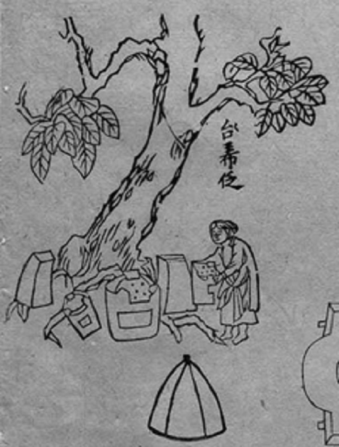 Thay vua bếp - Henri Oger/sđd. Hình vẽ này cho thấy hai cục gạch kích thước tương tự (so với ba cục) từ đầu rau, ba bếp lò đất nung khác kích thước (hai lò nhỏ và một lò lớn).