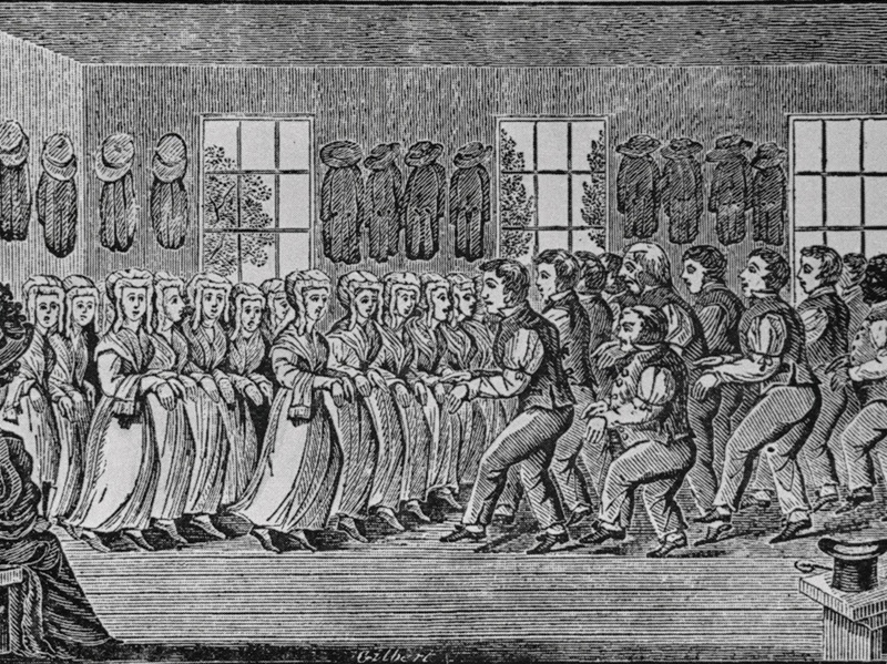 Tranh khắc, khoảng năm 1840, buổi thờ phụng vũ điệu Shaker (Getty Images)