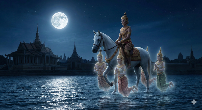 Cảnh Th&aacute;i tử cưỡi Kiền Trắc vượt s&ocirc;ng Anoma đ&ecirc;m trăng rằm, 4 vị chư thi&ecirc;n n&acirc;ng v&oacute; ngựa.