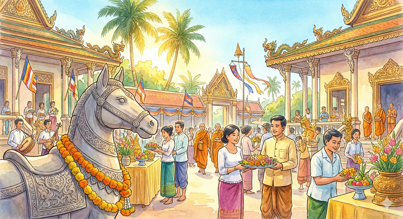 Cảnh ch&ugrave;a Khmer ng&agrave;y Tết, mọi người d&acirc;ng hoa, tiền cảnh l&agrave; tượng ngựa đ&aacute; được trang tr&iacute; bằng vòng hoa vạn thọ.