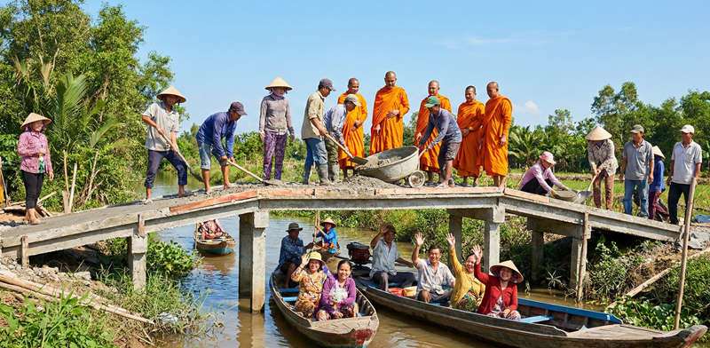 Cảnh một bến s&ocirc;ng xưa cũ nhưng vững ch&atilde;i, c&oacute; hoa sen nở gợi sự b&igrave;nh y&ecirc;n, thiền định v&agrave; sự trường tồn của di sản để lại.