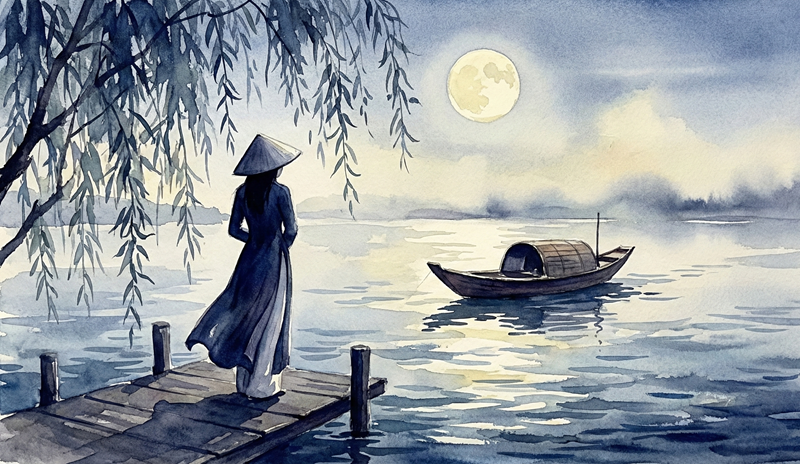 Một người phụ nữ đứng b&ecirc;n s&ocirc;ng, nh&igrave;n theo con thuyền nhỏ đang tr&ocirc;i xa. C&acirc;y liễu rủ xuống. Kh&ocirc;ng kh&iacute; tĩnh lặng, trữ t&igrave;nh, thể hiện sự thủy chung v&agrave; chờ đợi.