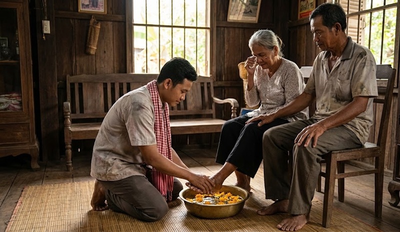 Người đang nhẹ nh&agrave;ng rửa đ&ocirc;i ch&acirc;n chai sần của mẹ v&agrave; cha gi&agrave; đang ngồi tr&ecirc;n ghế gỗ cao hơn.