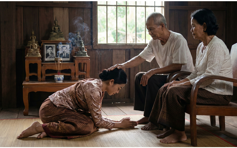 Khoảnh khắc trang nghi&ecirc;m trong ng&ocirc;i nh&agrave; người Khmer. Con mặc &aacute;o lụa v&agrave; x&agrave; r&ocirc;ng truyền thống đang c&uacute;i lạy s&aacute;t đất trước cha mẹ gi&agrave; đang ngồi. Tay chắp lại cung k&iacute;nh.