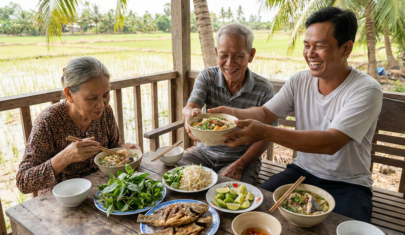 Người con trai Khmer trưởng th&agrave;nh đang cười tươi khi bưng t&ocirc; b&uacute;n nước l&egrave;o mời người cha mẹ gi&agrave;.