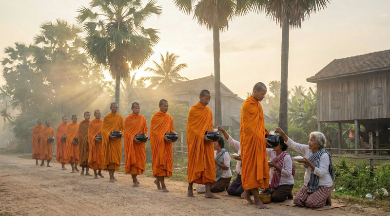 Đo&agrave;n sư đắp y v&agrave;ng đi ch&acirc;n trần, &ocirc;m b&aacute;t đen đi kh&acirc;́t thực. Sương sớm, nắng v&agrave;ng xuy&ecirc;n qua h&agrave;ng thốt nốt phum sóc Khmer bình y&ecirc;n.