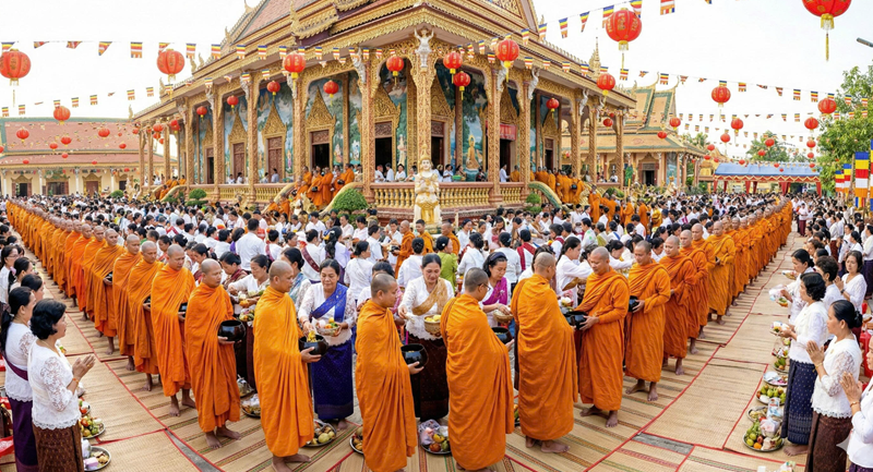 H&agrave;ng trăm vị sư xếp h&agrave;ng d&agrave;i &ocirc;m b&aacute;t. Đ&ocirc;ng đảo ph&acirc;̣t tử mặc đồ truyền thống xếp h&agrave;ng d&acirc;ng thực phẩm b&ecirc;n ng&ocirc;i ch&iacute;nh đi&ecirc;̣n có kiến tr&uacute;c ch&ugrave;a v&agrave;ng son lộng lẫy. Kh&ocirc;ng kh&iacute; lễ hội ng&agrave;y Tết.