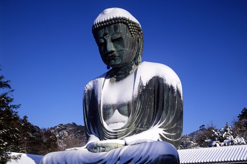 Đại Phật phủ tuyết trong m&ugrave;a Đ&ocirc;ng hiếm hoi. (&copy; Harada Hiroshi)