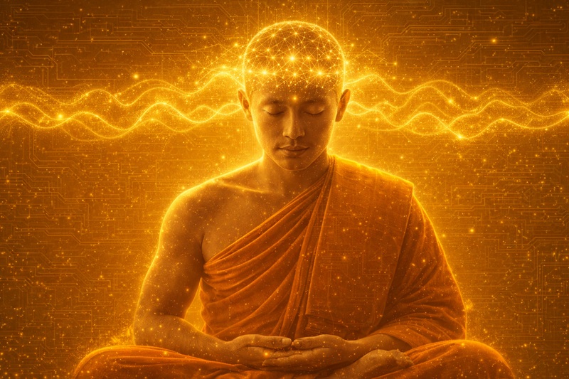 Nghi&ecirc;n cứu khoa học mới cho thấy thiền định kh&ocirc;ng đơn thuần l&agrave; trạng th&aacute;i thư gi&atilde;n của n&atilde;o bộ, m&agrave; c&ograve;n l&agrave;m tăng độ đa dạng t&iacute;n hiệu v&agrave; khả năng xử l&yacute; th&ocirc;ng tin, qua đ&oacute; thay đổi chất lượng của &yacute; thức. (Ảnh minh họa tạo bởi AI)