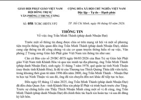 GHPGVN thông tin về việc ông Trần Minh Thành (pháp danh Nhuận Đạt)