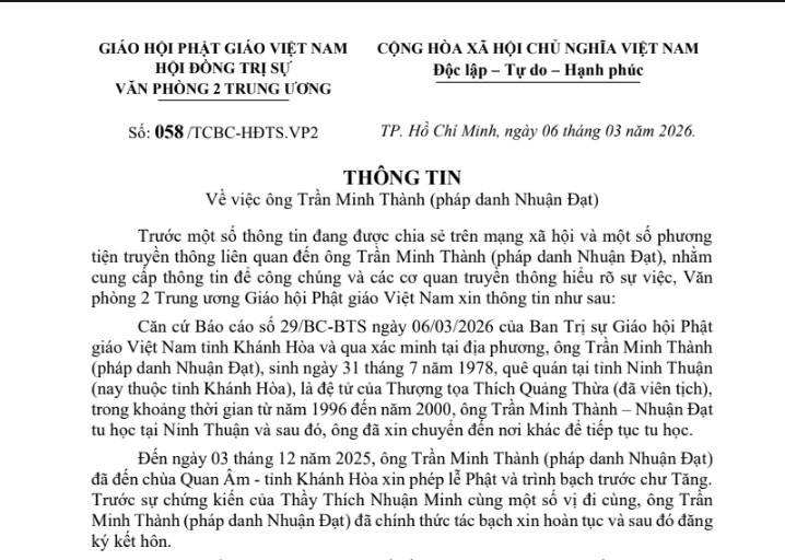 GHPGVN thông tin về việc ông Trần Minh Thành (pháp danh Nhuận Đạt)