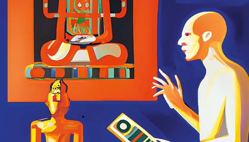 DALL-E 2 - hệ thống tr&iacute; tuệ nh&acirc;n tạo do OpenAI ph&aacute;t triển (c&ugrave;ng tổ chức đứng sau ChatGPT), c&oacute; khả năng tạo ra h&igrave;nh ảnh từ c&aacute;c c&acirc;u lệnh văn bản.
H&igrave;nh minh họa trong b&agrave;i được tạo bởi DALL-E 2 với c&acirc;u lệnh: &ldquo;Can artificial intelligence be Buddhist?&rdquo; (Tr&iacute; tuệ nh&acirc;n tạo c&oacute; thể l&agrave; Phật tử kh&ocirc;ng?).
Ảnh do t&aacute;c giả cung cấp.
