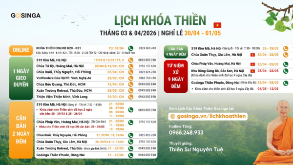 Gosinga thông báo lịch khoá thiền tháng 3 và 4/2026