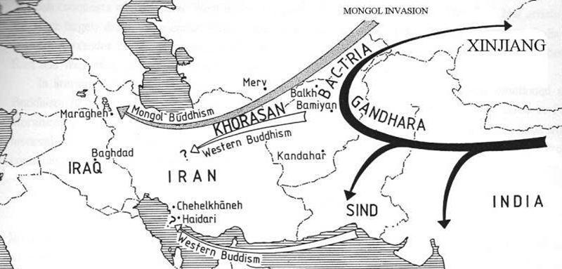 H&igrave;nh 1. Hướng đi của c&aacute;c hoạt động truyền b&aacute; Phật ph&aacute;p ở ch&acirc;u &Aacute;. (Phỏng theo: Ball, 1989: h&igrave;nh 1).