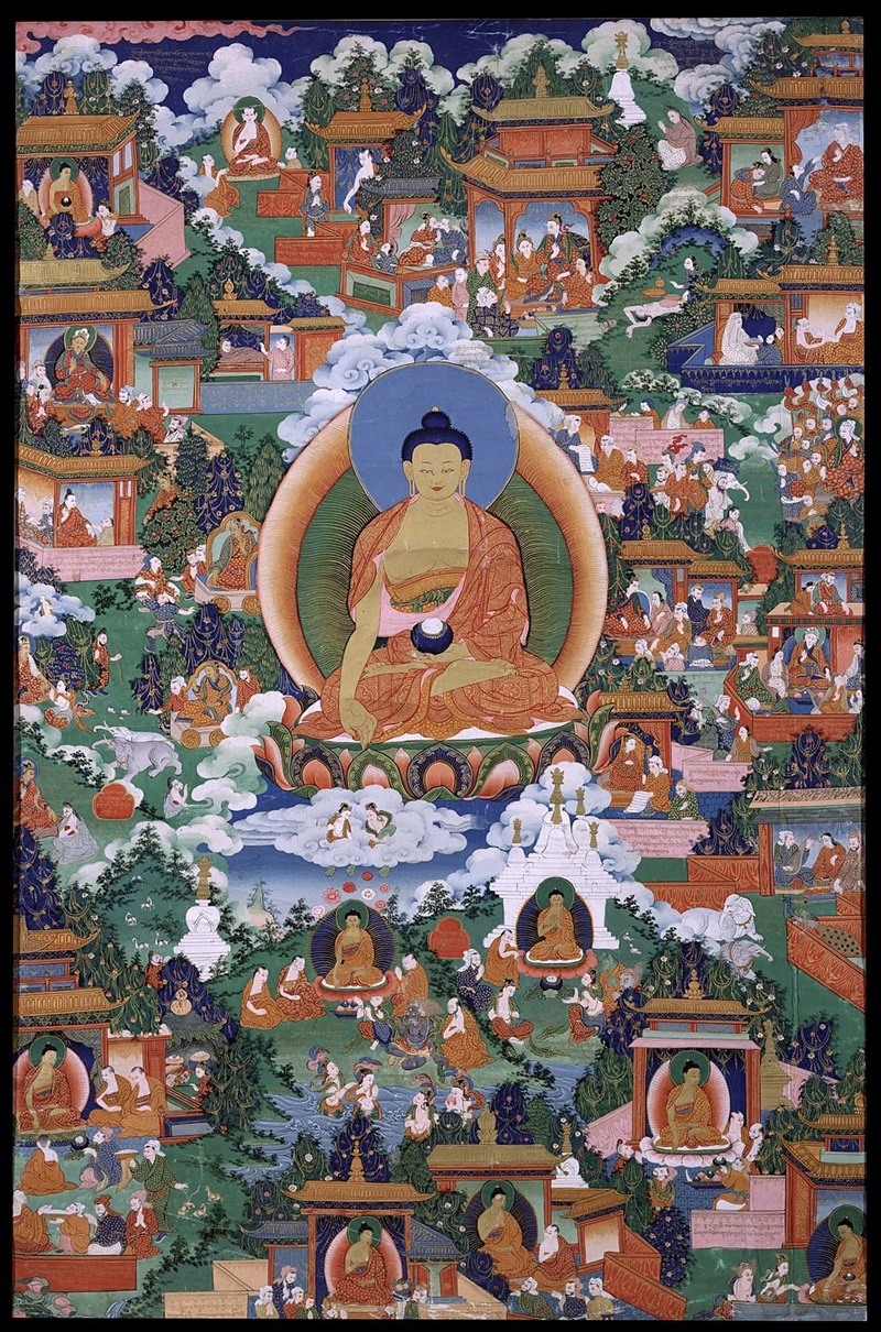 Đức Phật v&agrave; gi&aacute;o ph&aacute;p được thể hiện trong tranh thangka T&acirc;y Tạng thế kỷ XIX. 
