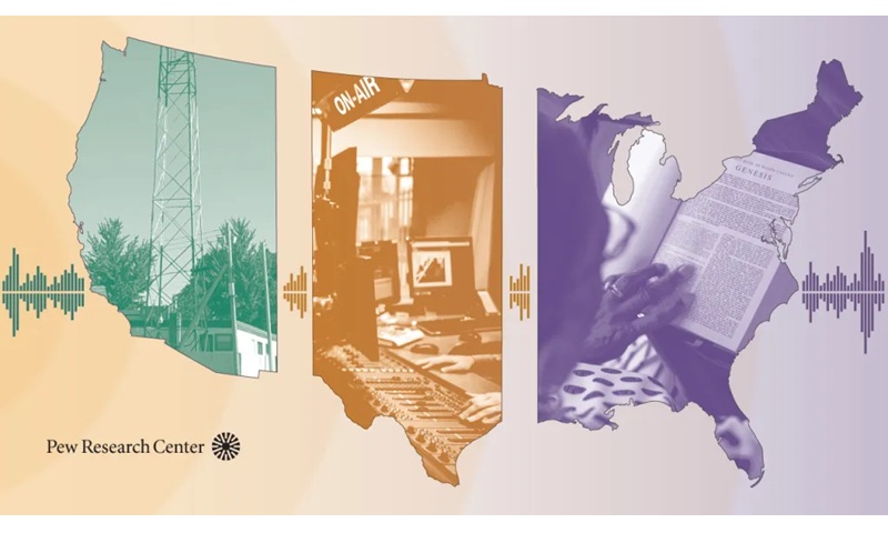 H&igrave;nh minh họa của Trung t&acirc;m Nghi&ecirc;n cứu Pew cho thấy th&aacute;p ph&aacute;t thanh KNOF cũ ở St. Paul, ph&ograve;ng thu ph&aacute;t thanh KSBJ ở Houston v&agrave; một người phụ nữ đang đọc Kinh Th&aacute;nh ở Seneca, Nam Carolina. (Milonica qua Wikimedia Commons, CC BY-SA 4.0; Brett Comer/Houston Chronicle v&agrave; Willie B. Thomas qua Getty images)