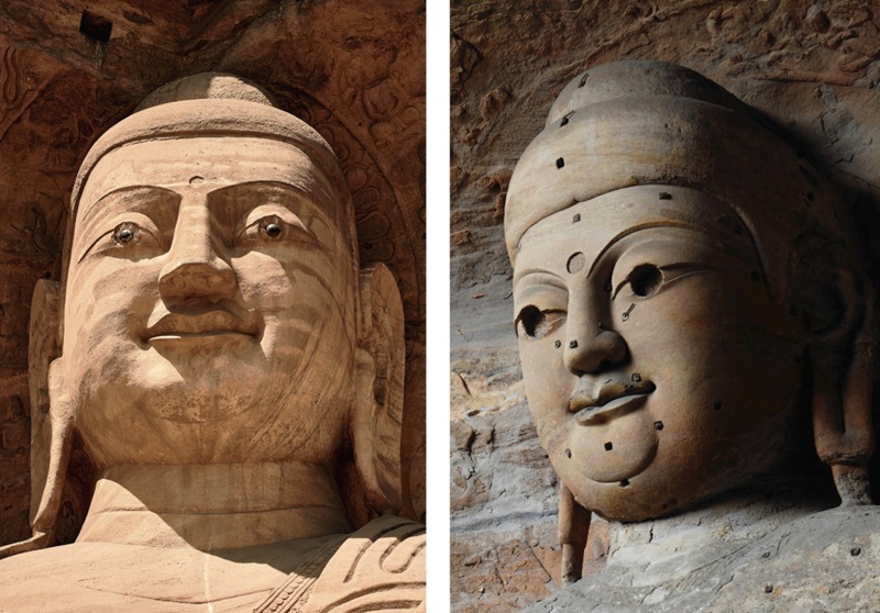 Chi tiết tượng Phật c&oacute; mắt (tr&aacute;i) v&agrave; kh&ocirc;ng c&oacute; mắt (phải) tại Hang đ&aacute; V&acirc;n Cương. Ảnh: VCG.