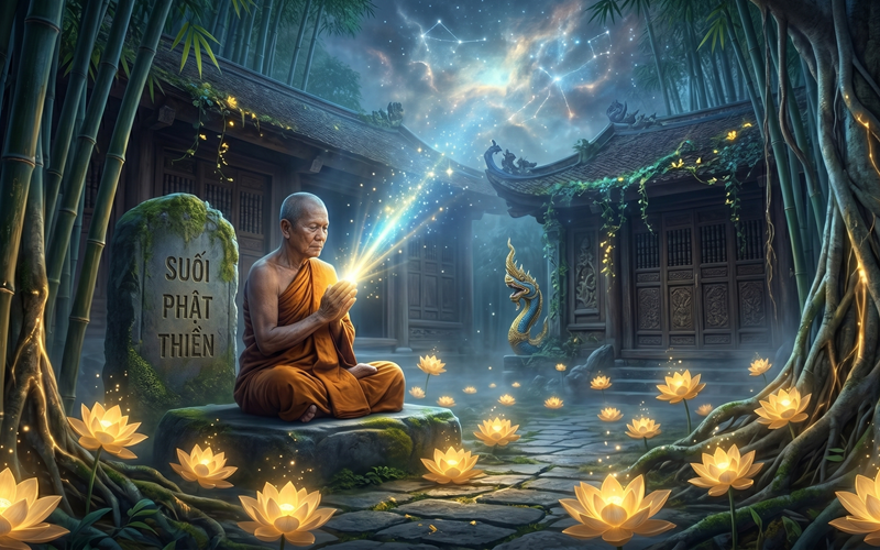 Phật hiện hữu trong sự tỉnh thức, bu&ocirc;ng bỏ v&agrave; nhẫn nhục, kh&ocirc;ng phụ thuộc v&agrave;o nơi chốn danh tiếng.