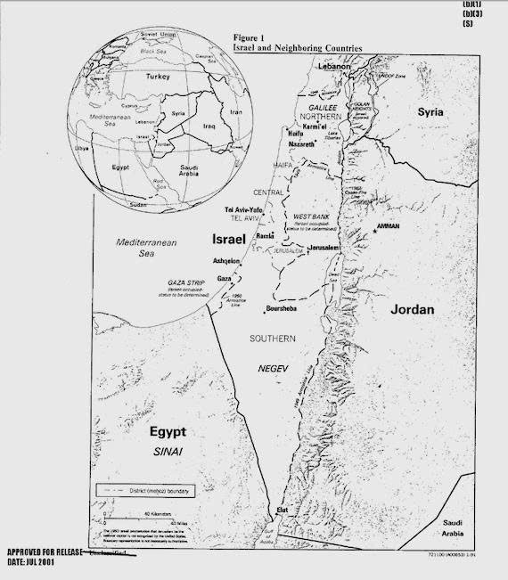 Bản đồ Israel v&agrave; c&aacute;c nước l&aacute;ng giềng của Cơ quan T&igrave;nh b&aacute;o Trung ương Hoa Kỳ (CIA) , năm 2001. Thuộc phạm vi c&ocirc;ng cộng.