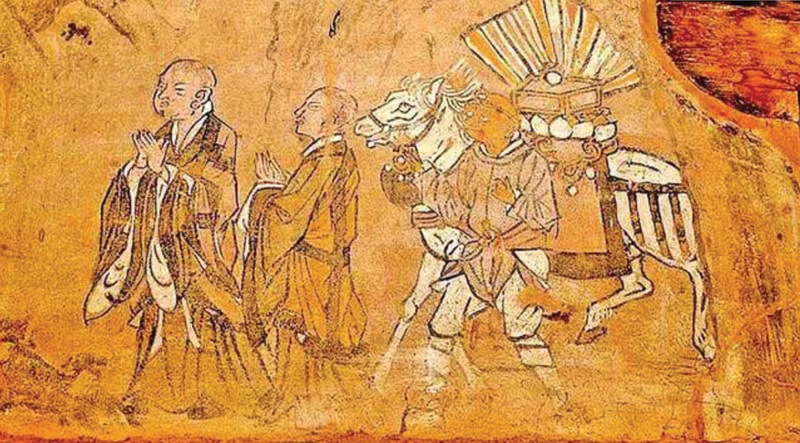 Tranh vẽ Đường Huyền Trang đi thỉnh kinh tr&ecirc;n v&aacute;ch đ&aacute; thuộc Hang động Phật Ng&agrave;n. Nguồn: Sohu