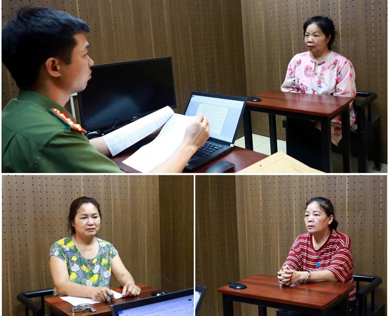C&aacute;c đối tượng Phạm Tuyết L&ecirc; (tr&ecirc;n), Vũ Thị Chuyền (tr&aacute;i) v&agrave; Kiều Thị Th&uacute;y Hường (phải) tại Cơ quan C&ocirc;ng an. Ảnh: thethaovanhoa.vn