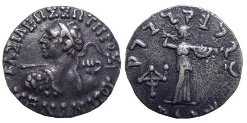 Đồng xu drachm Menander I Soter song ngữ. Nguồn: Wikimedia Commons.
