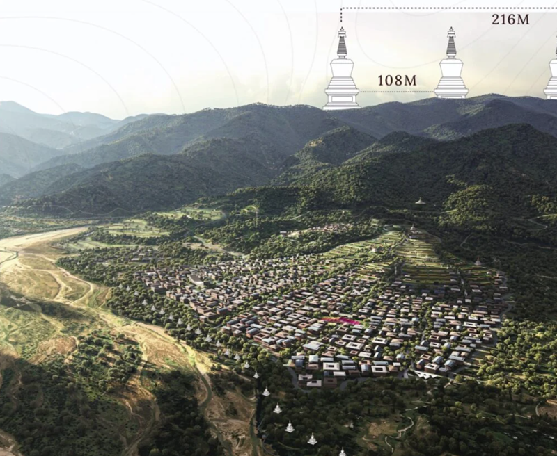 H&igrave;nh ảnh phối cảnh nghệ thuật của Th&agrave;nh phố Thiền định Gelephu (GMC) với h&agrave;nh lang quy hoạch c&aacute;c th&aacute;p Chorten Jangchub hiện đang được thể hiện.