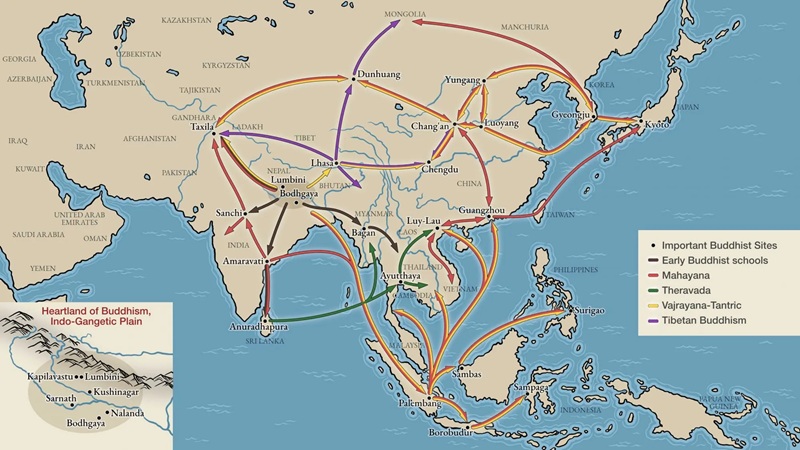Bản đồ n&agrave;y kh&aacute;i qu&aacute;t c&aacute;c tuyến đường v&agrave; những trung t&acirc;m quan trọng trong qu&aacute; tr&igrave;nh Phật gi&aacute;o lan truyền khắp ch&acirc;u &Aacute;. Tr&ecirc;n thực tế, sự di chuyển của con người v&agrave; tư tưởng Phật gi&aacute;o diễn ra phức tạp, li&ecirc;n tục v&agrave; năng động hơn nhiều so với những g&igrave; một tấm bản đồ c&oacute; thể thể hiện. V&igrave; vậy, bản đồ chỉ phản &aacute;nh những khuynh hướng lịch sử tổng qu&aacute;t, chứ kh&ocirc;ng bao qu&aacute;t to&agrave;n bộ c&aacute;c tuyến giao lưu đ&atilde; từng tồn tại.
 Nguồn minh họa: Wouter F. Goedkoop - thevoyagersworkshop.com.