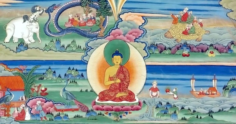 Như được thể hiện qua bức thangka Bhutan n&agrave;y (tranh cuộn), những c&acirc;u chuyện về c&aacute;c đời sống qu&aacute; khứ của Đức Phật, được gọi l&agrave; c&aacute;c truyện Jataka, thường được thể hiện qua nghệ thuật. | The History Collection / Ảnh lưu trữ Alamy