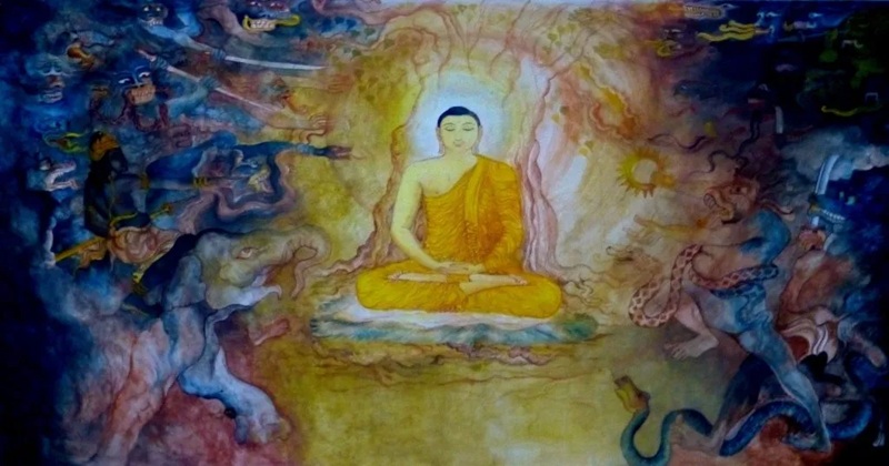 Ma vương Māra v&agrave; đạo qu&acirc;n của m&igrave;nh tấn c&ocirc;ng Bồ-t&aacute;t. Māra c&ugrave;ng c&aacute;c đạo qu&acirc;n l&agrave; h&igrave;nh tượng h&oacute;a những chướng ngại nội t&acirc;m cản trở sự tiến bộ tr&ecirc;n con đường gi&aacute;c ngộ. Tranh tường tại ch&ugrave;a Nava Jetavana, C&ocirc;ng vi&ecirc;n Jetavana, Śrāvastī. | Anandajoti / Wikimedia Commons.
