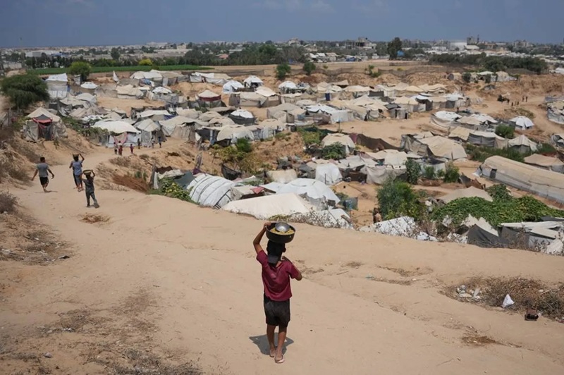 Trẻ em Palestine tị nạn mang theo khẩu phần ăn ở Deir al-Balah, trung t&acirc;m Dải Gaza, thứ S&aacute;u, ng&agrave;y 14 th&aacute;ng 8 năm 2026. (AP)