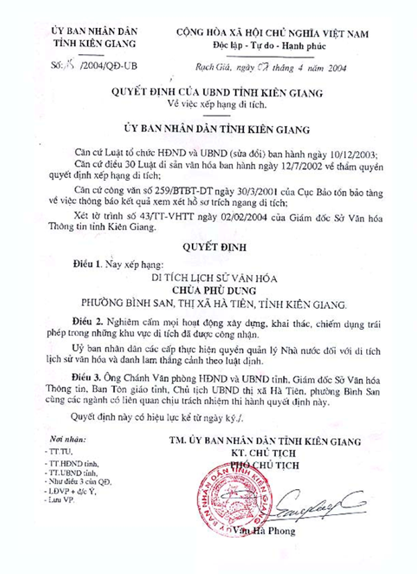 Bản chụp Quyết định xếp hạng di t&iacute;ch Ch&ugrave;a Ph&ugrave; Dung, ng&agrave;y 07/4/2004.