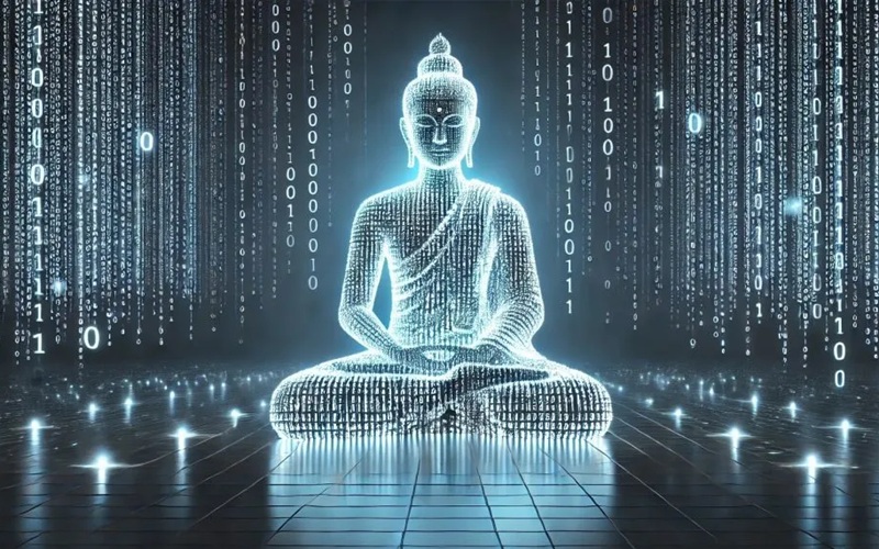 H&igrave;nh ảnh do AI tạo ra n&agrave;y m&ocirc; tả một vị Phật đang thiền định, được cấu th&agrave;nh ho&agrave;n to&agrave;n từ m&atilde; nhị ph&acirc;n&mdash;cụ thể l&agrave; m&atilde; nhị ph&acirc;n ASCII của từ 