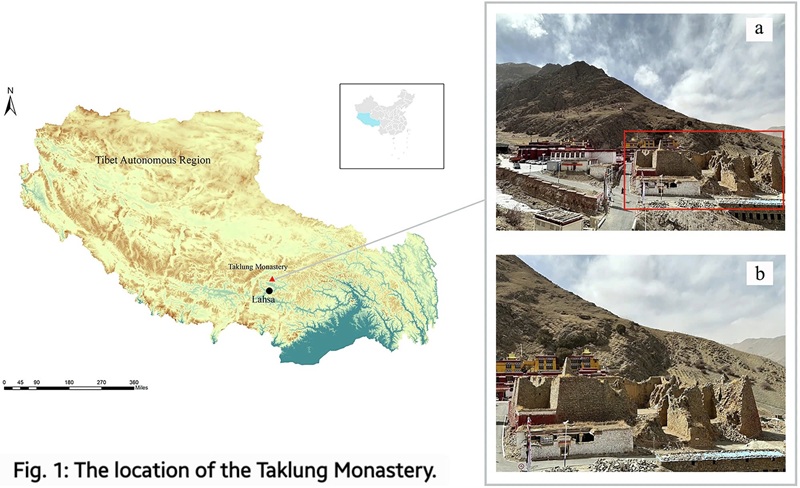 Tu viện Taklung v&agrave; khu ChoKhang Marbo, nơi ph&aacute;t hiện hai mảnh bản thảo. Nguồn: Fig. 1, Chen et al. (2025).