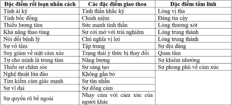 Bảng 1: Ma trận c&aacute;c đặc điểm rối loạn nh&acirc;n c&aacute;ch v&agrave; những phẩm chất t&acirc;m linh